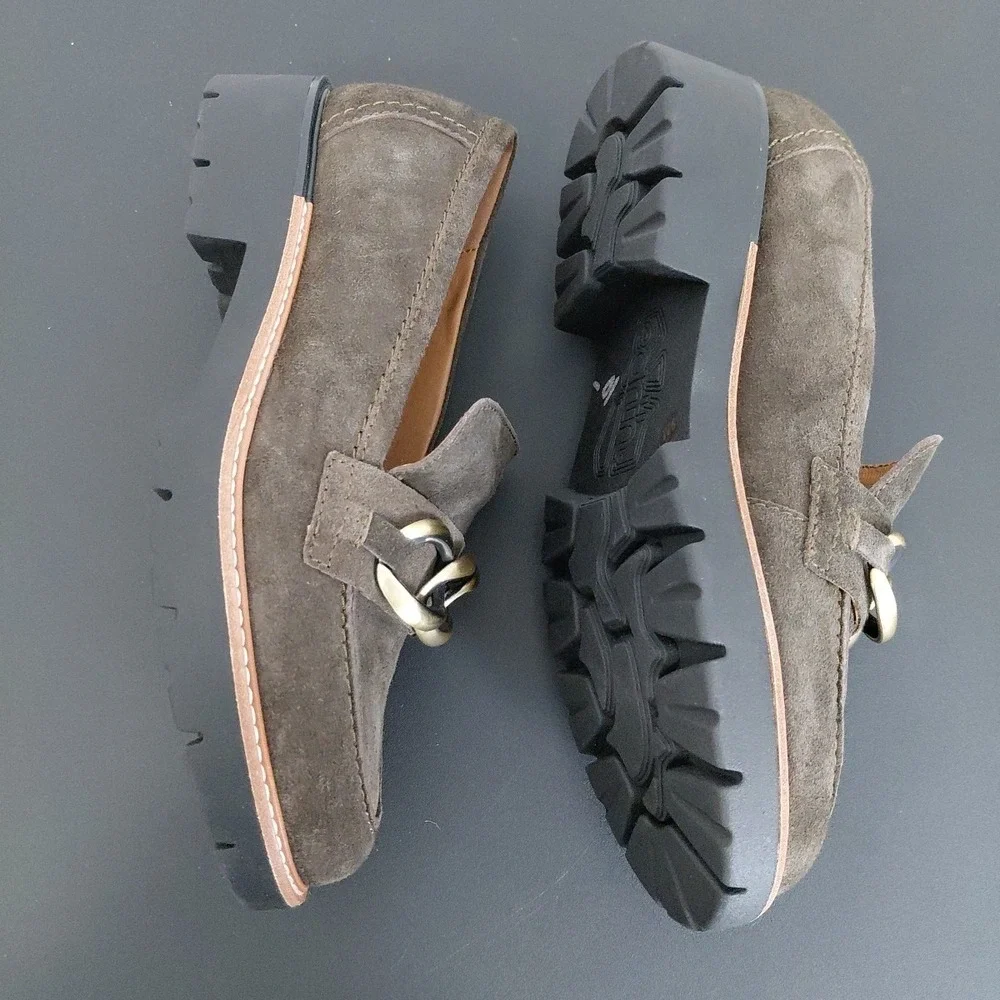 EARTH Lug Loafers Womens 9M Dark Khaki Etzalor Leather Chain Comfort Chic NEW - Picture 3 of 9